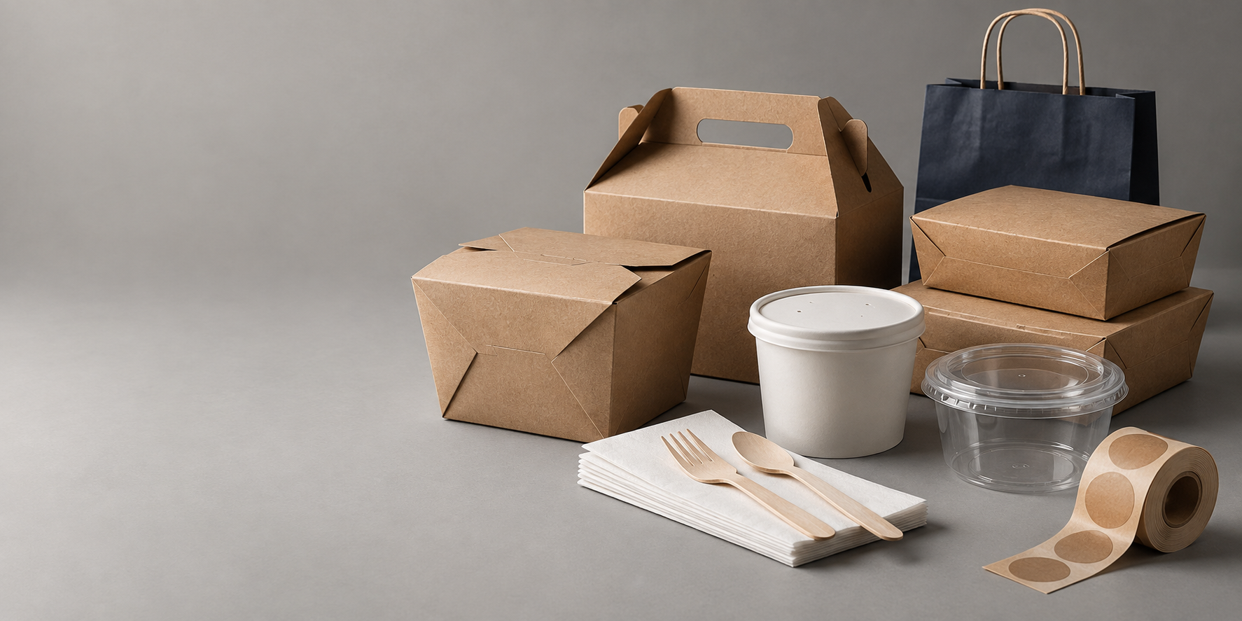 Kraft takeout boxes, containers, napkins, wooden utensils and labels arranged as a complete restaurant packaging lineup